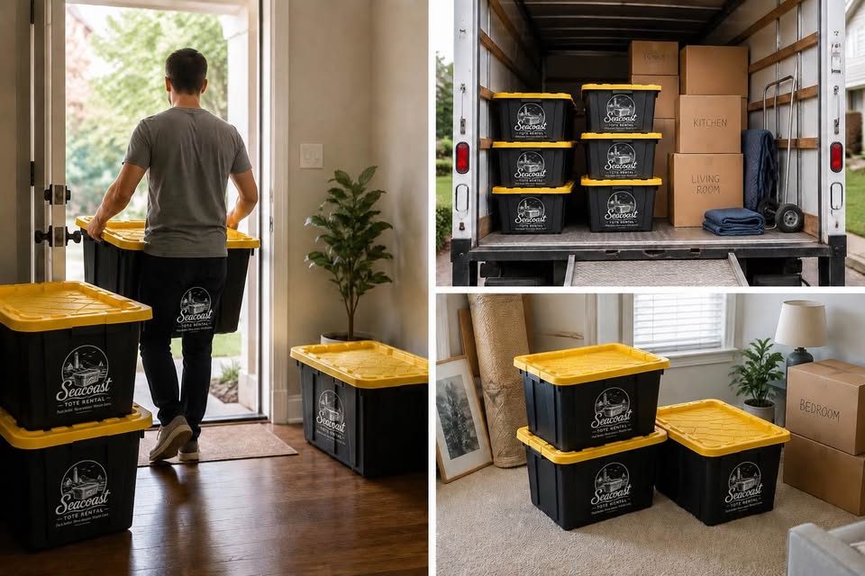 Seacoast totes delivered to a front door, loaded in a moving truck, and packed in a bedroom