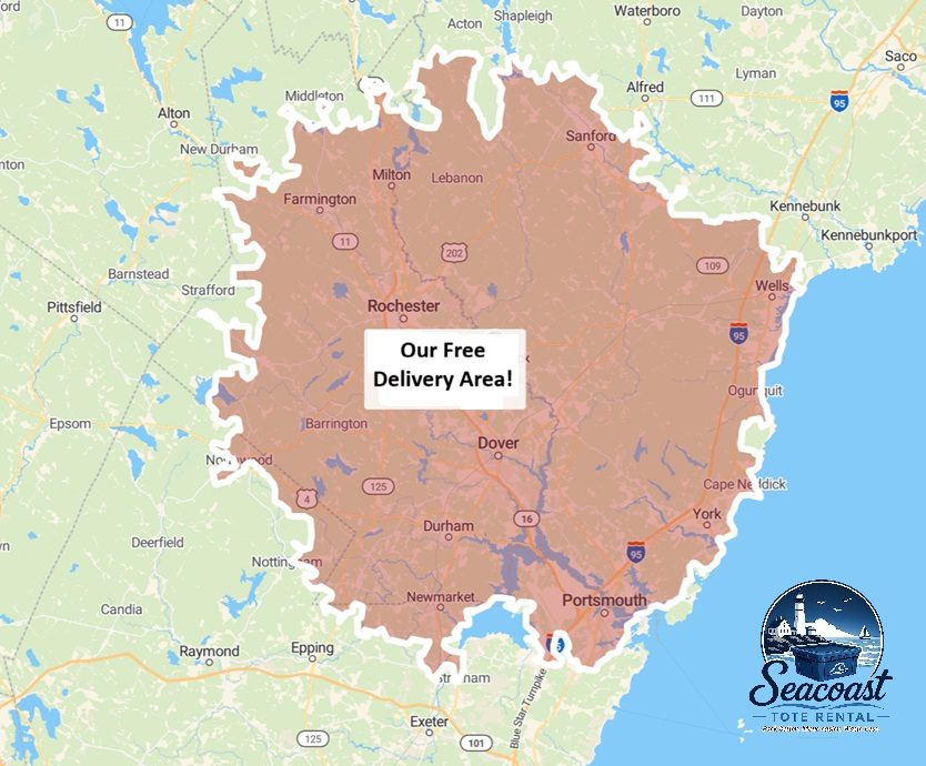 Map of Seacoast Tote Rental's free delivery area across NH and ME